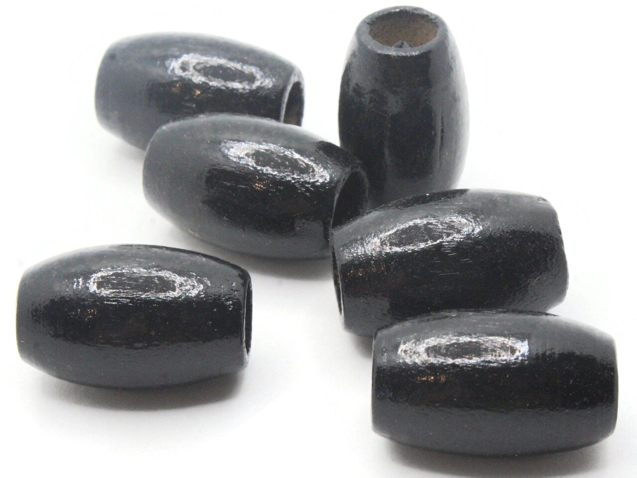 6 30mm Black Wood Barrel Beads - Large Hole Macrame Beads